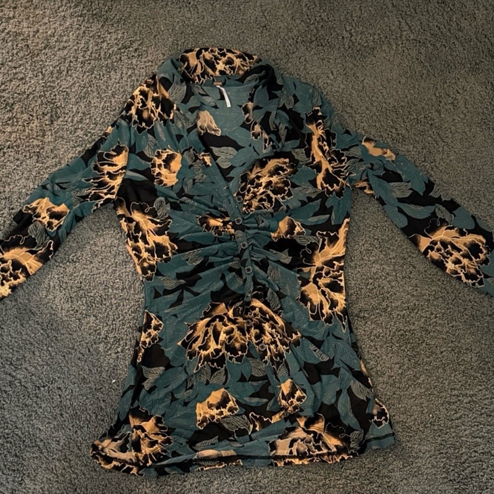 Free People Teal Floral Ruched Long Sleeve Top with Mustard and Black